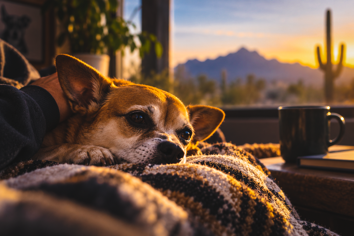 Small dog resting peacefully on a blanket beside its person, with the Arizona desert glowing at sunset in the background.