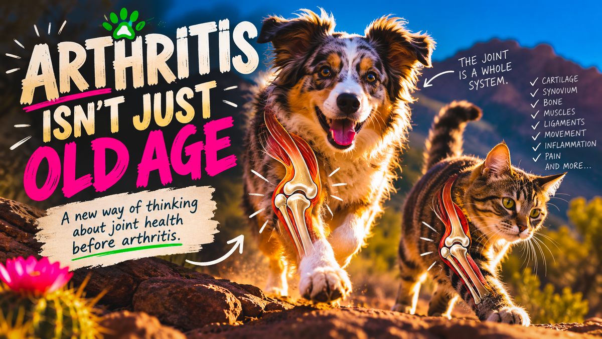 Happy dog and cat walking through the Arizona desert with illustrated joint anatomy, highlighting that arthritis involves the whole joint and isn't just an old-age issue.