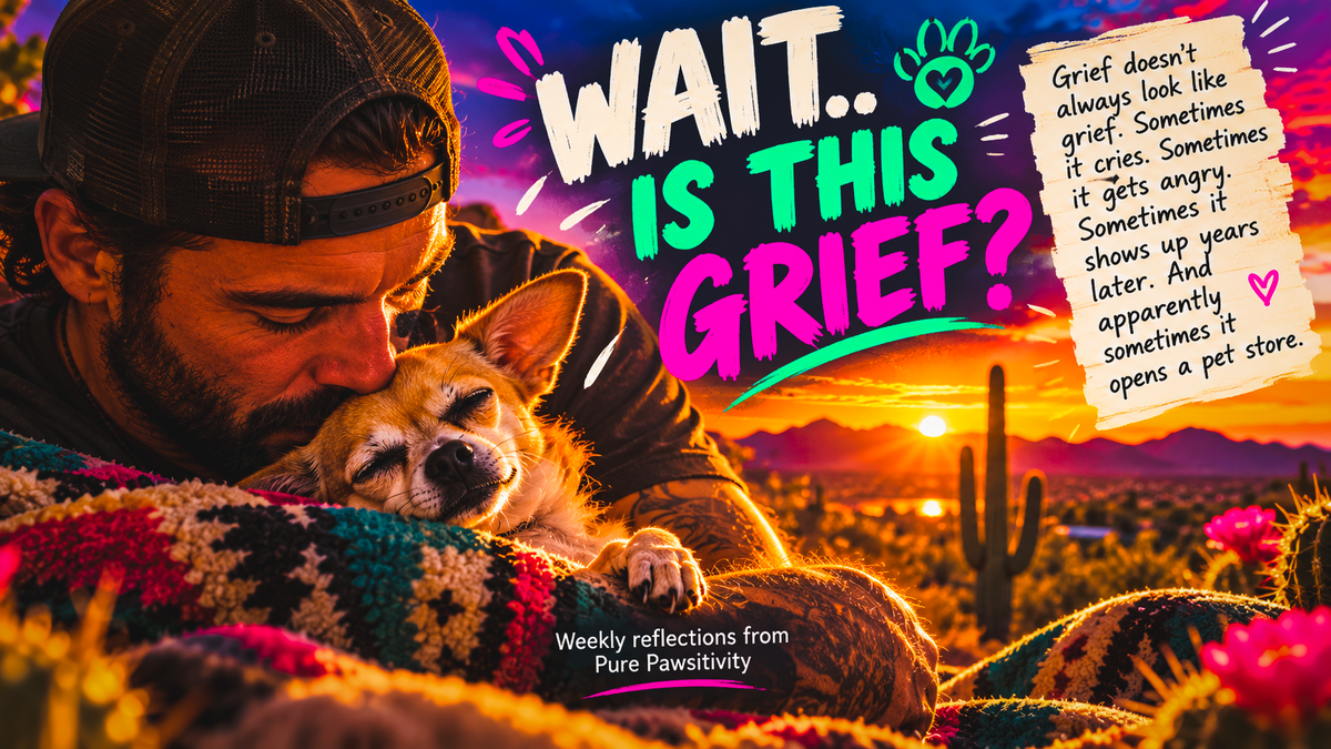 Man comforting a small Chihuahua at sunset representing grief, love, pet loss, and the relationships that continue to shape us.