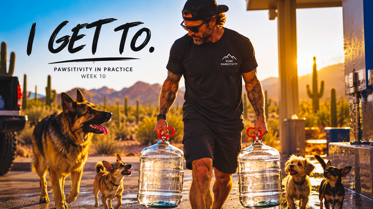Man carrying large glass water jugs with red handles alongside his dogs in the Arizona desert, representing responsibility, participation, and the shift from “I have to” to “I get to.”