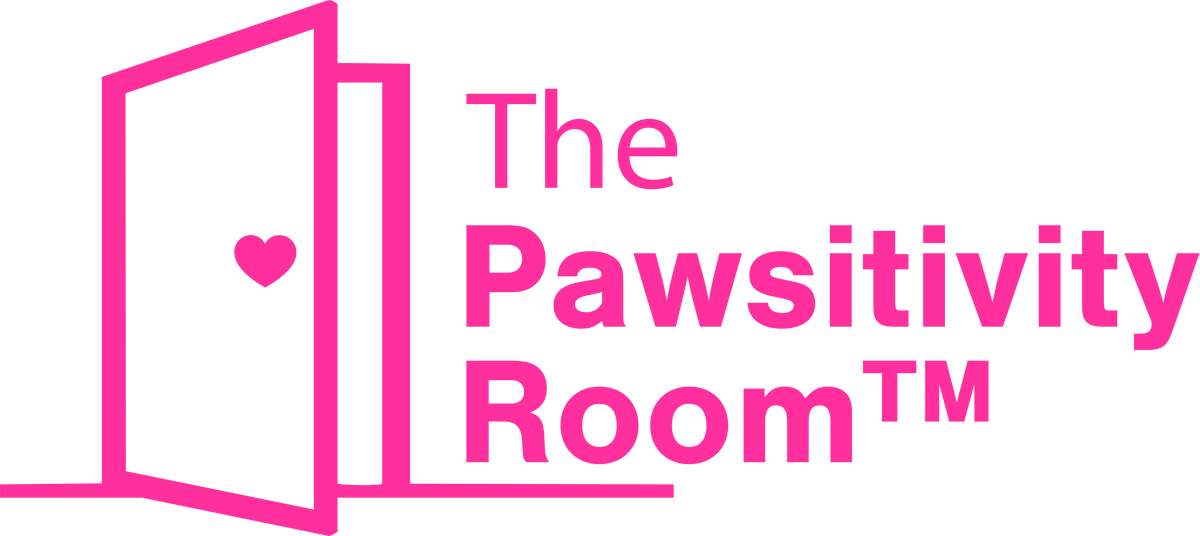 Pink logo graphic for 'The Pawsitivity Room' featuring an open door with a heart icon and the brand name in bold pink text on a white background.